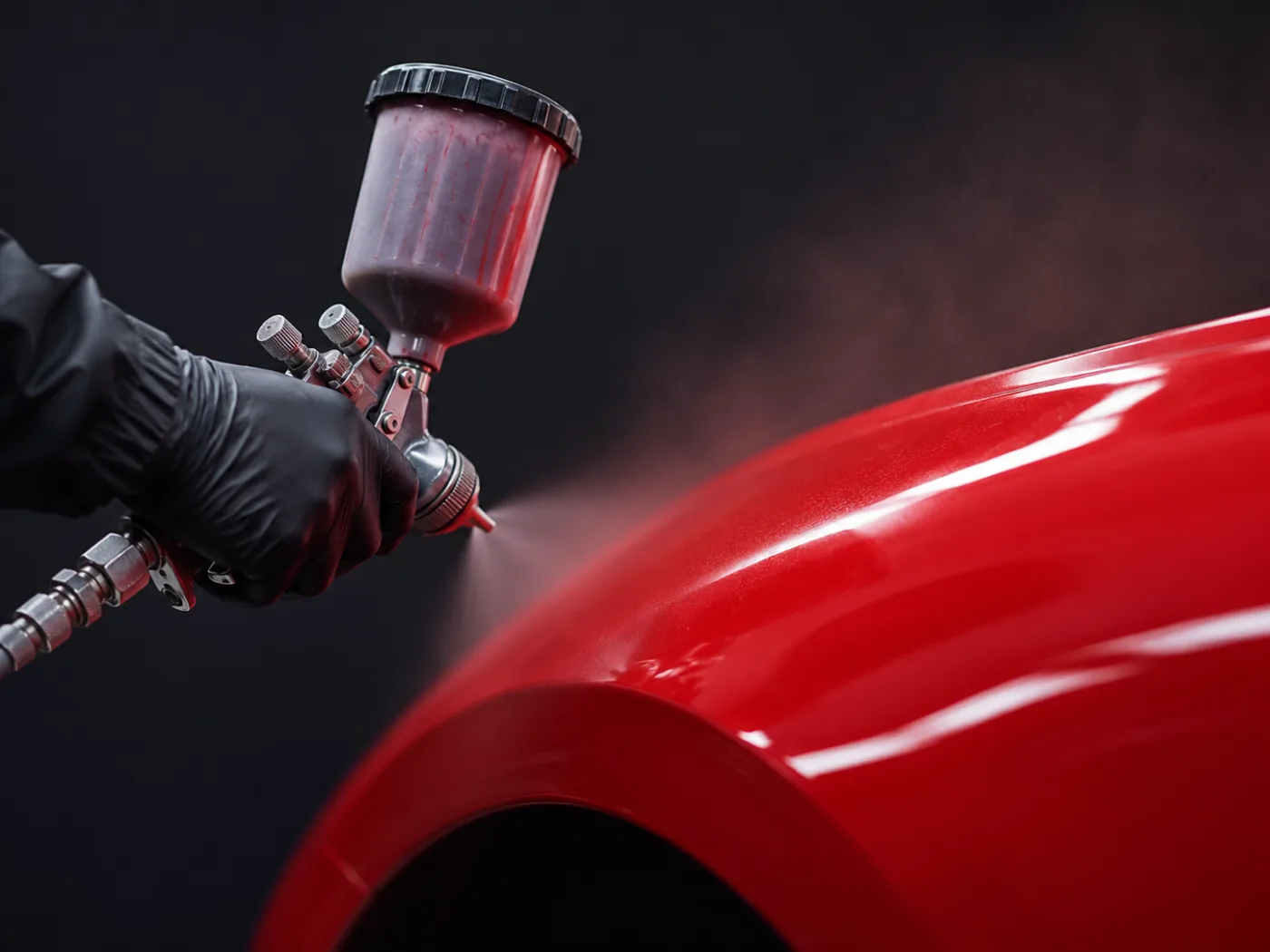 Aplicación de pintura automotriz roja con pistola sobre la salpicadera de un auto